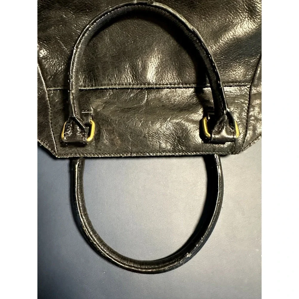 Elliott Lucca Black Leather Satchel Handbag Gold Hardware Turn Lock Pocket